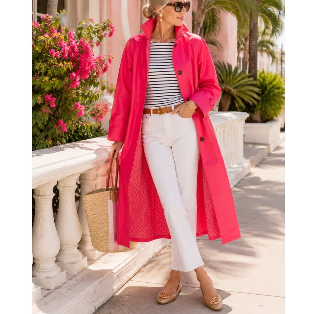 Vintage London Fog Hot Pink Trench Coat Floral Lining Preppy Palm Beach L XL